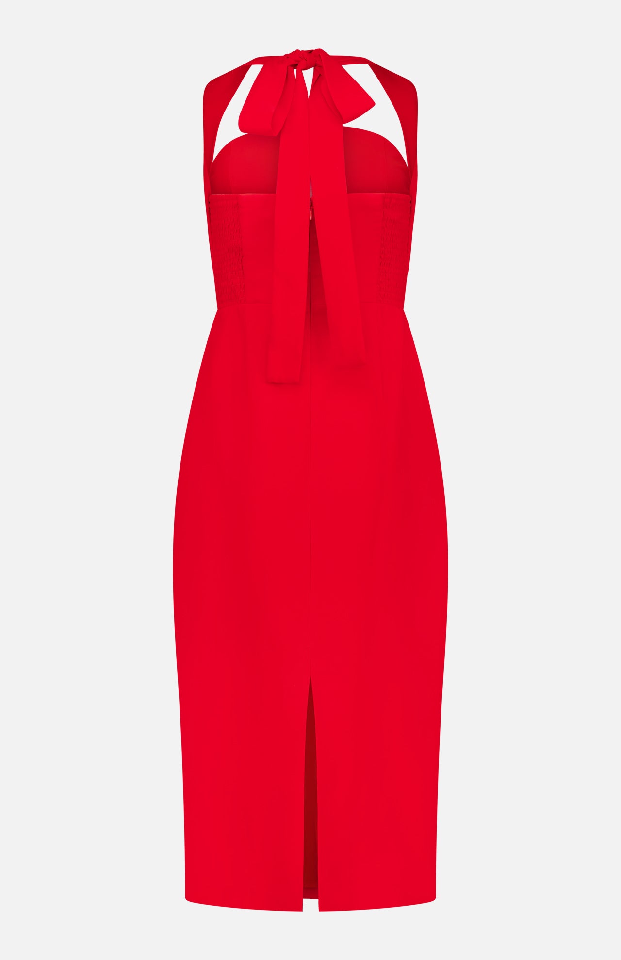 The Cynthia Midi Neck Tie Dress by AMANDA UPRICHARD features a fitted silhouette, front slit, bust cutouts, and a neckline bow tie. This bright red sleeveless dress is ideal for formal occasions.