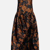 Amanda Uprichard Florencia Maxi Dress with High-low Bubble Hem in black and brown, featuring a strapless floral print and a gathered, high-low bubble hem.