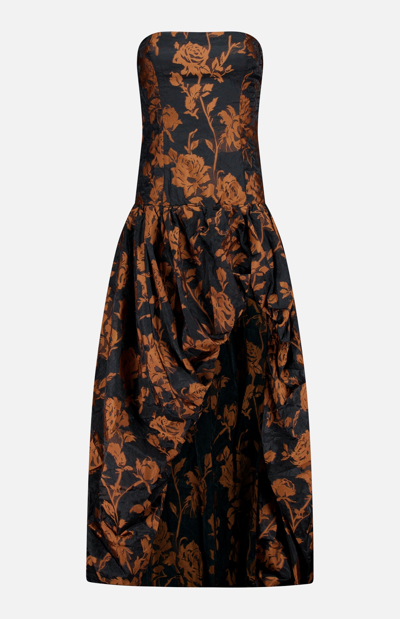 Amanda Uprichard Florencia Maxi Dress with High-low Bubble Hem in black and brown, featuring a strapless floral print and a gathered, high-low bubble hem.