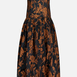 Amanda Uprichard Florencia Maxi Dress with High-low Bubble Hem in a strapless black style with a fitted bodice and a full, high-low bubble hem skirt featuring a brown floral print.