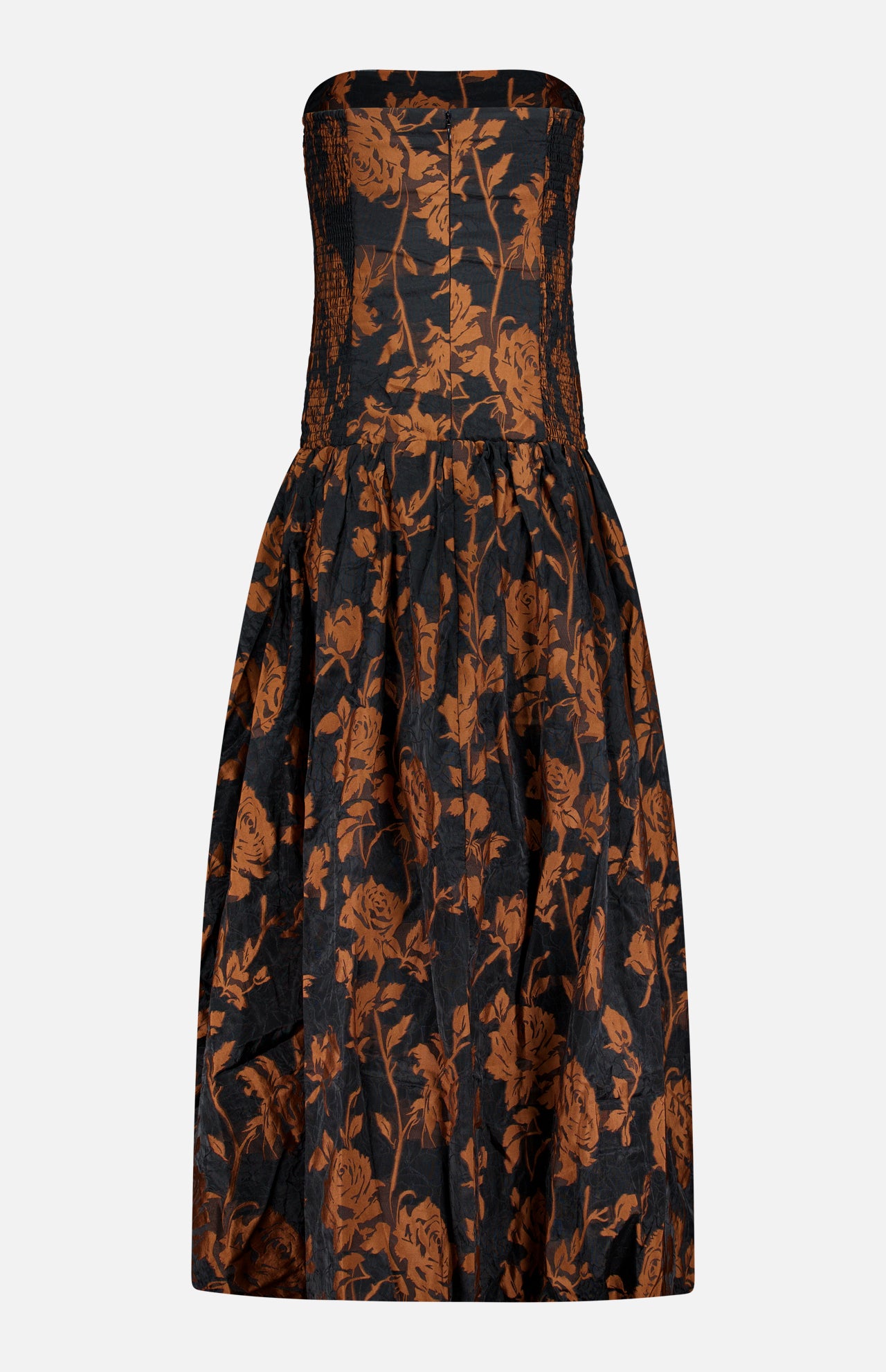 Amanda Uprichard Florencia Maxi Dress with High-low Bubble Hem in a strapless black style with a fitted bodice and a full, high-low bubble hem skirt featuring a brown floral print.