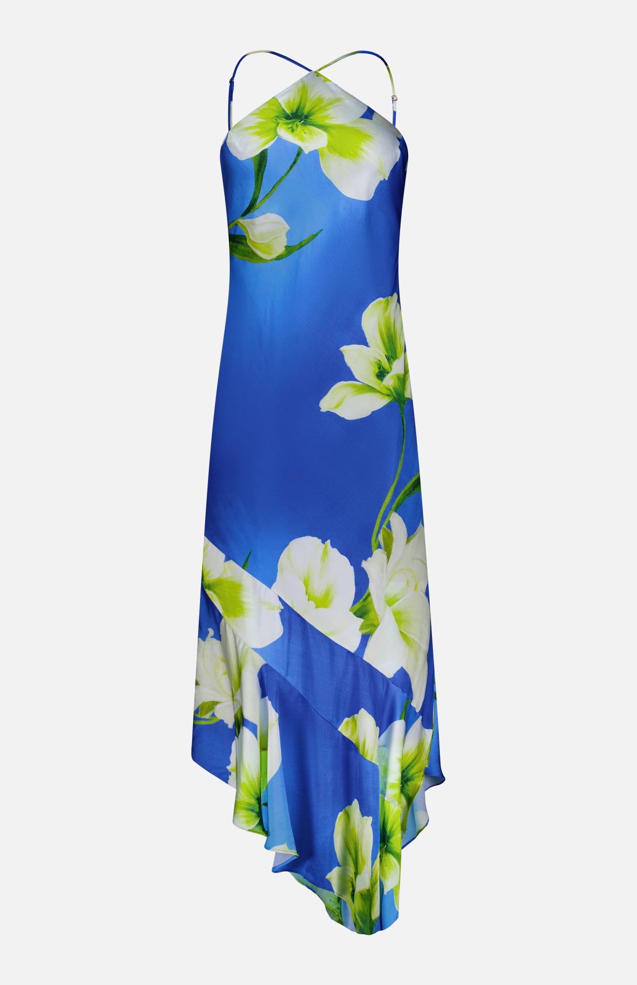 The Gabriella Floral Midi Dress by AMANDA UPRICHARD features thin spaghetti straps, a bold white and green floral print, and an asymmetrical hemline—perfect for making a stylish statement.