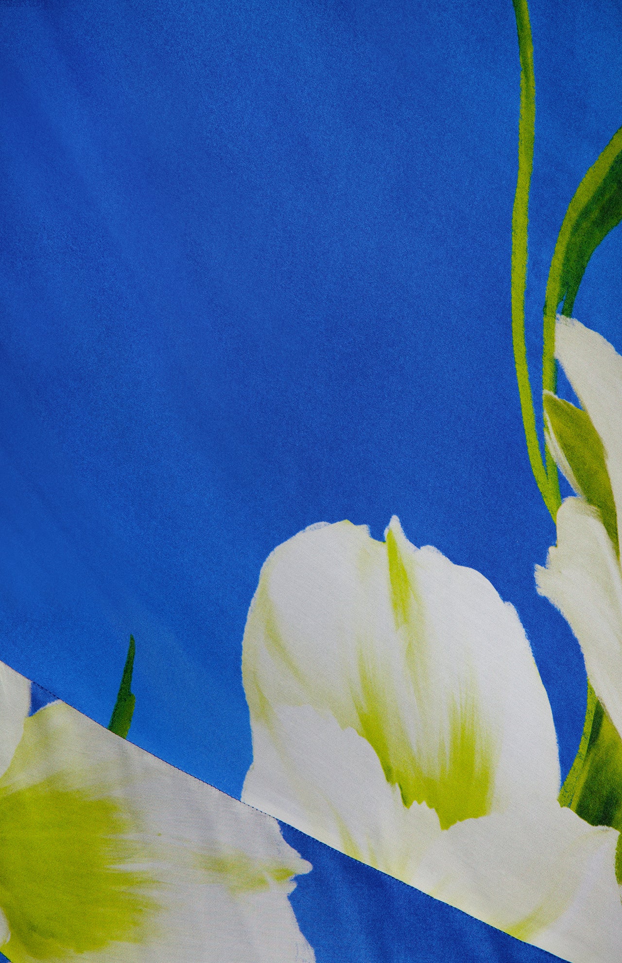 A close-up of the Gabriella Floral Midi Dress by AMANDA UPRICHARD shows its blue fabric with white flowers and green accents—ideal for a stylish, elegant look.