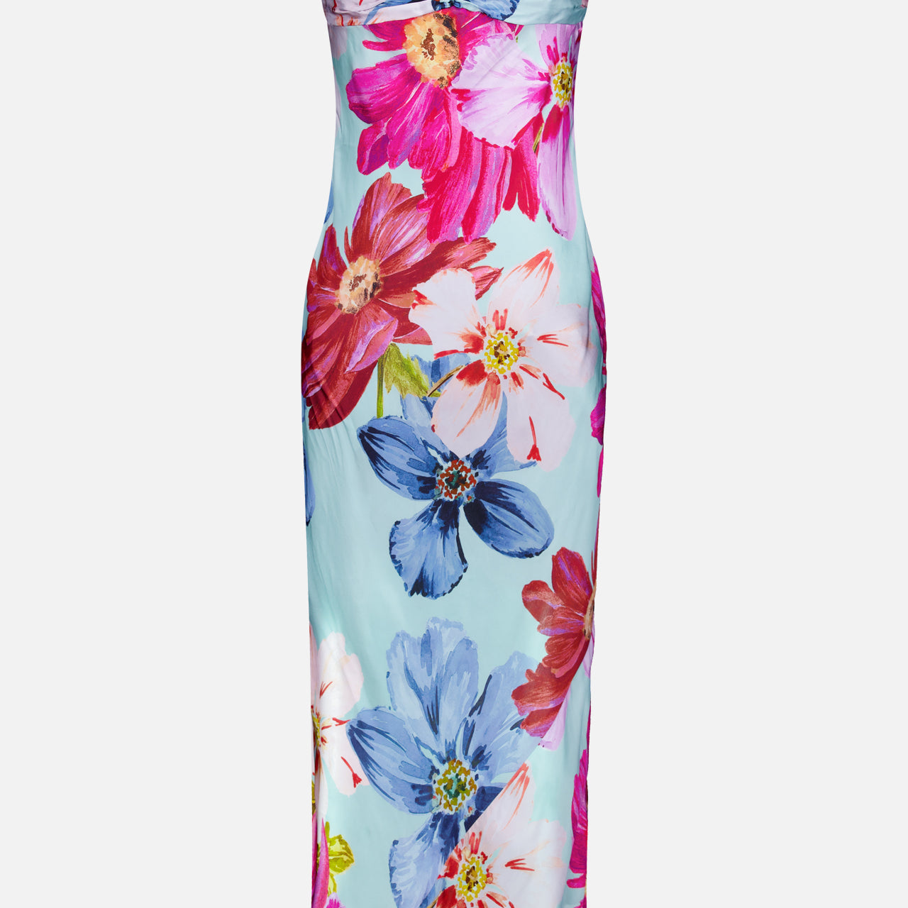 The Ira Floral Maxi Dress by AMANDA UPRICHARD is a fitted, sleeveless vacation dinner dress with thin straps and a bright pink, red, blue, and white floral print on a light blue background.