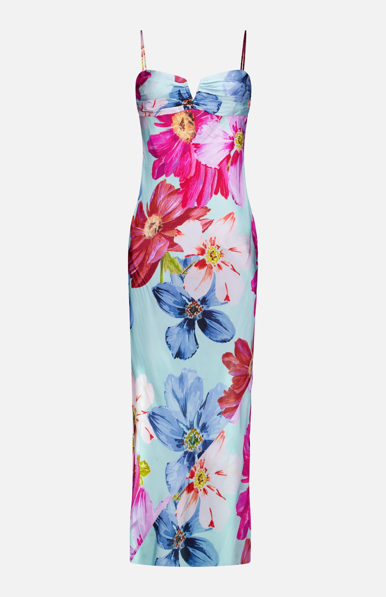 The Ira Floral Maxi Dress by AMANDA UPRICHARD is a fitted, sleeveless vacation dinner dress with thin straps and a bright pink, red, blue, and white floral print on a light blue background.