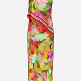 The Irena Scarf Detail Maxi Dress by AMANDA UPRICHARD is a sleeveless, floor-length evening dress with a halter neckline, bold colorful floral print, and diagonal striped scarf accent on the upper section.