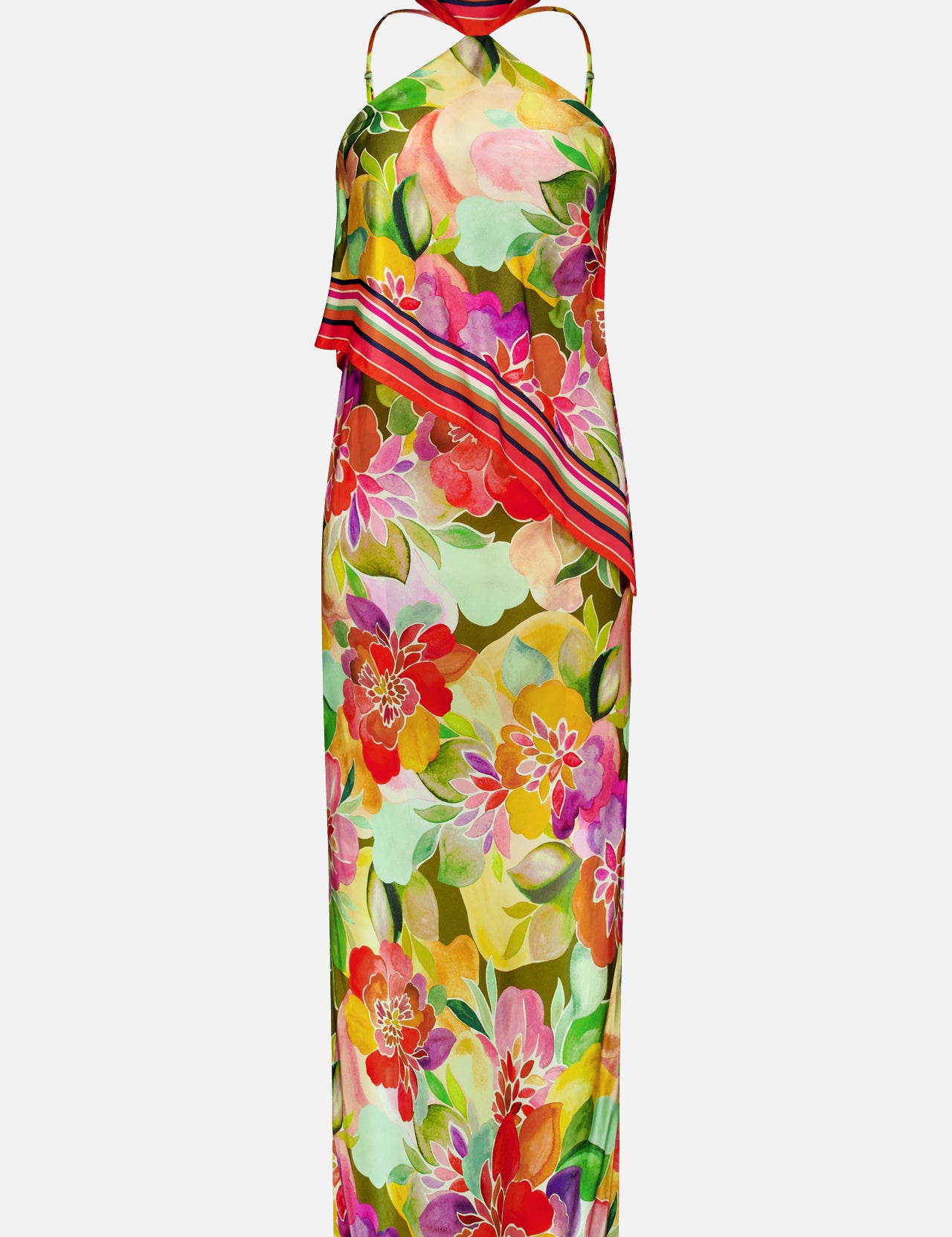The Irena Scarf Detail Maxi Dress by AMANDA UPRICHARD is a sleeveless, floor-length evening dress with a halter neckline, bold colorful floral print, and diagonal striped scarf accent on the upper section.