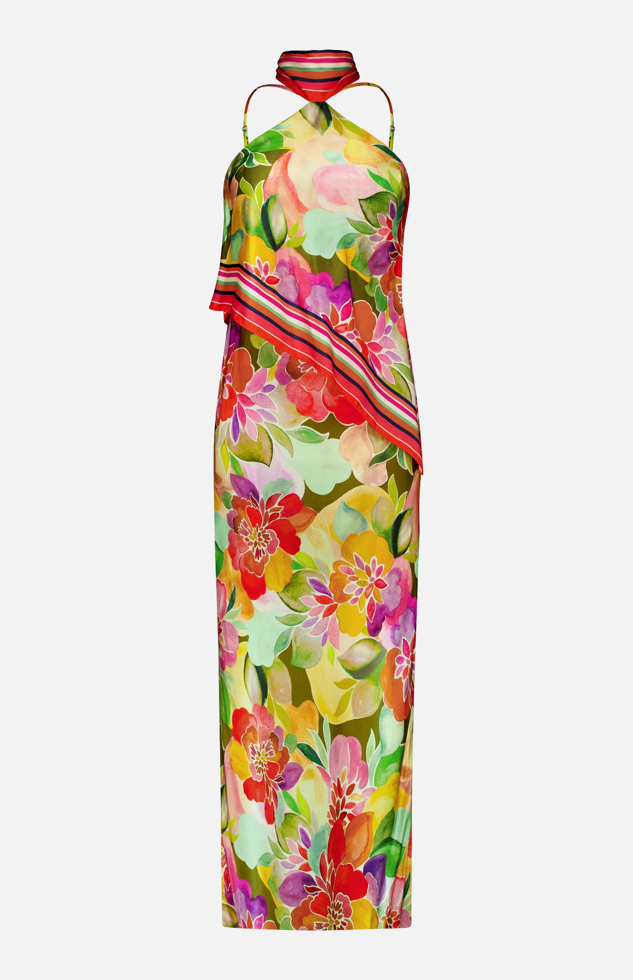 The Irena Scarf Detail Maxi Dress by AMANDA UPRICHARD is a sleeveless, floor-length evening dress with a halter neckline, bold colorful floral print, and diagonal striped scarf accent on the upper section.