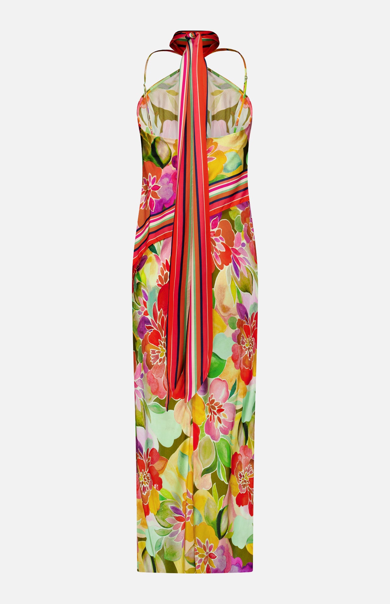 The Irena Scarf Detail Maxi Dress by AMANDA UPRICHARD features a vibrant floral print with red, pink, and yellow blooms, green leaves on a light background, and a colorful striped scarf tie at the halter neck in a fitted sleeveless silhouette.