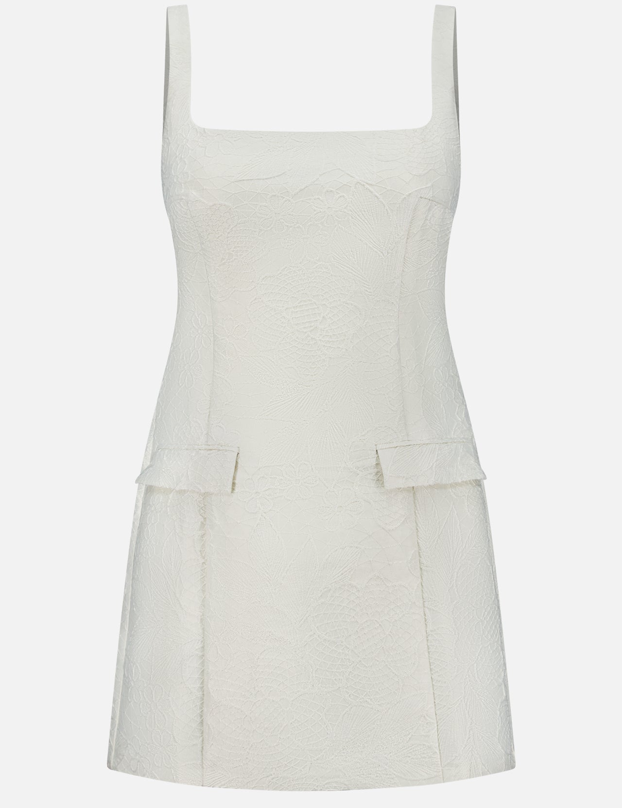 The AMANDA UPRICHARD Isabella Fit & Flare Mini Dress is a sleeveless, off-white mini with a textured finish, square neckline, and flap details at the hips—ideal for a chic bridal shower. Shown on a plain white background.