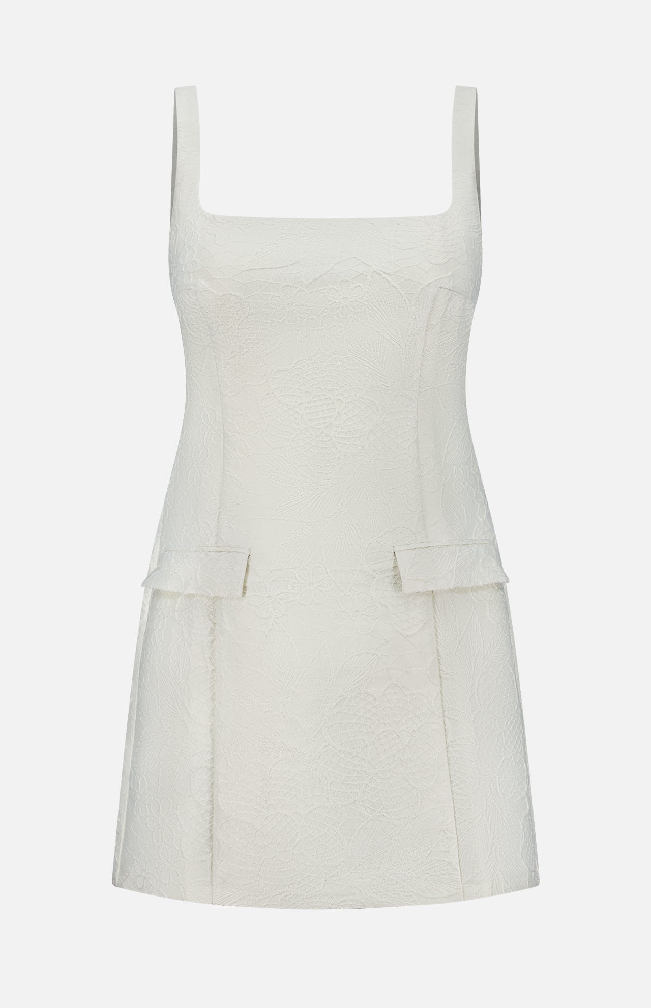 The AMANDA UPRICHARD Isabella Fit & Flare Mini Dress is a sleeveless, off-white mini with a textured finish, square neckline, and flap details at the hips—ideal for a chic bridal shower. Shown on a plain white background.