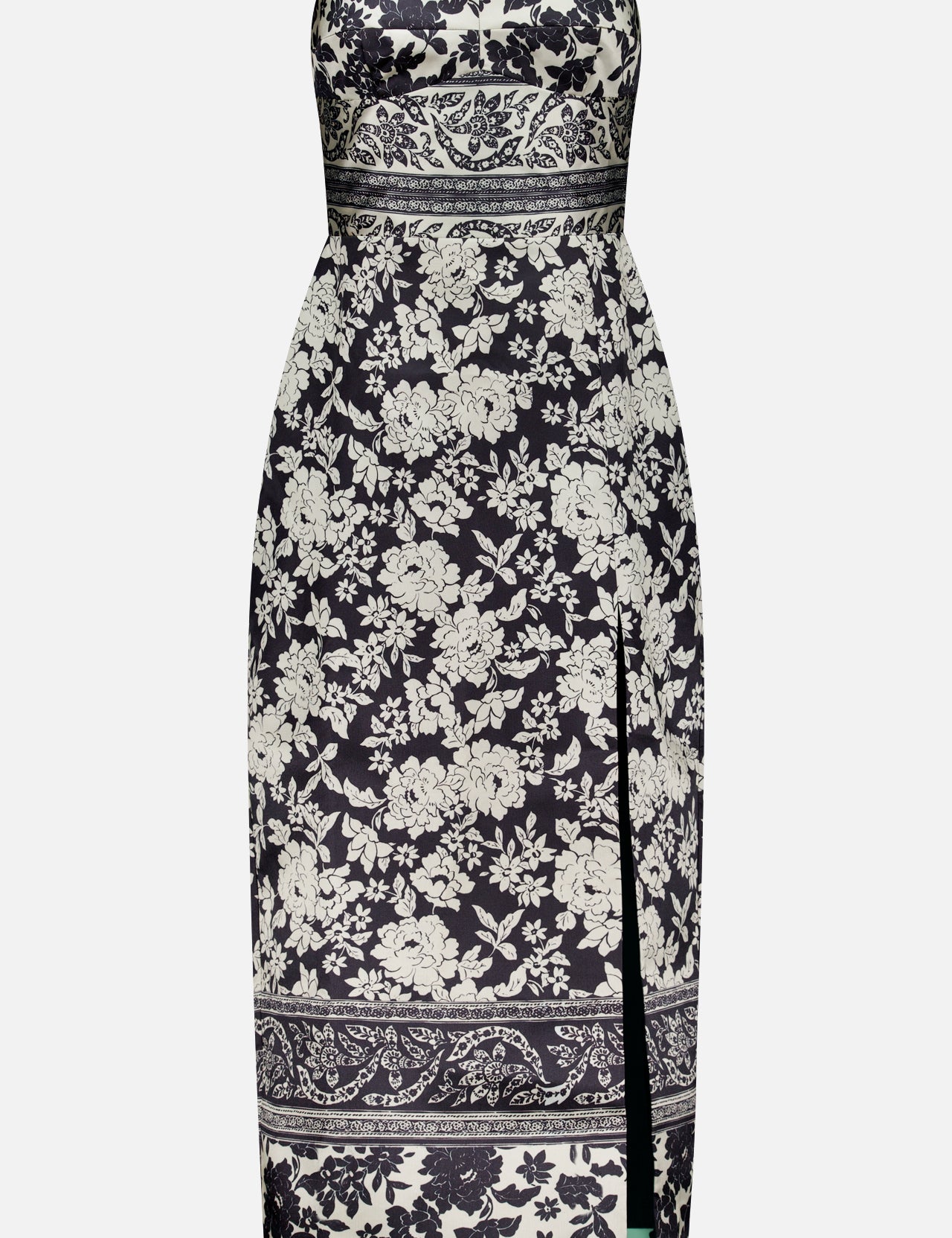 The Ivy Jacquard Print Midi Dress by AMANDA UPRICHARD is a fitted, strapless black and cream dress with a floral jacquard print, straight neckline, side slit, and horizontal decorative borders at the waist and hem.