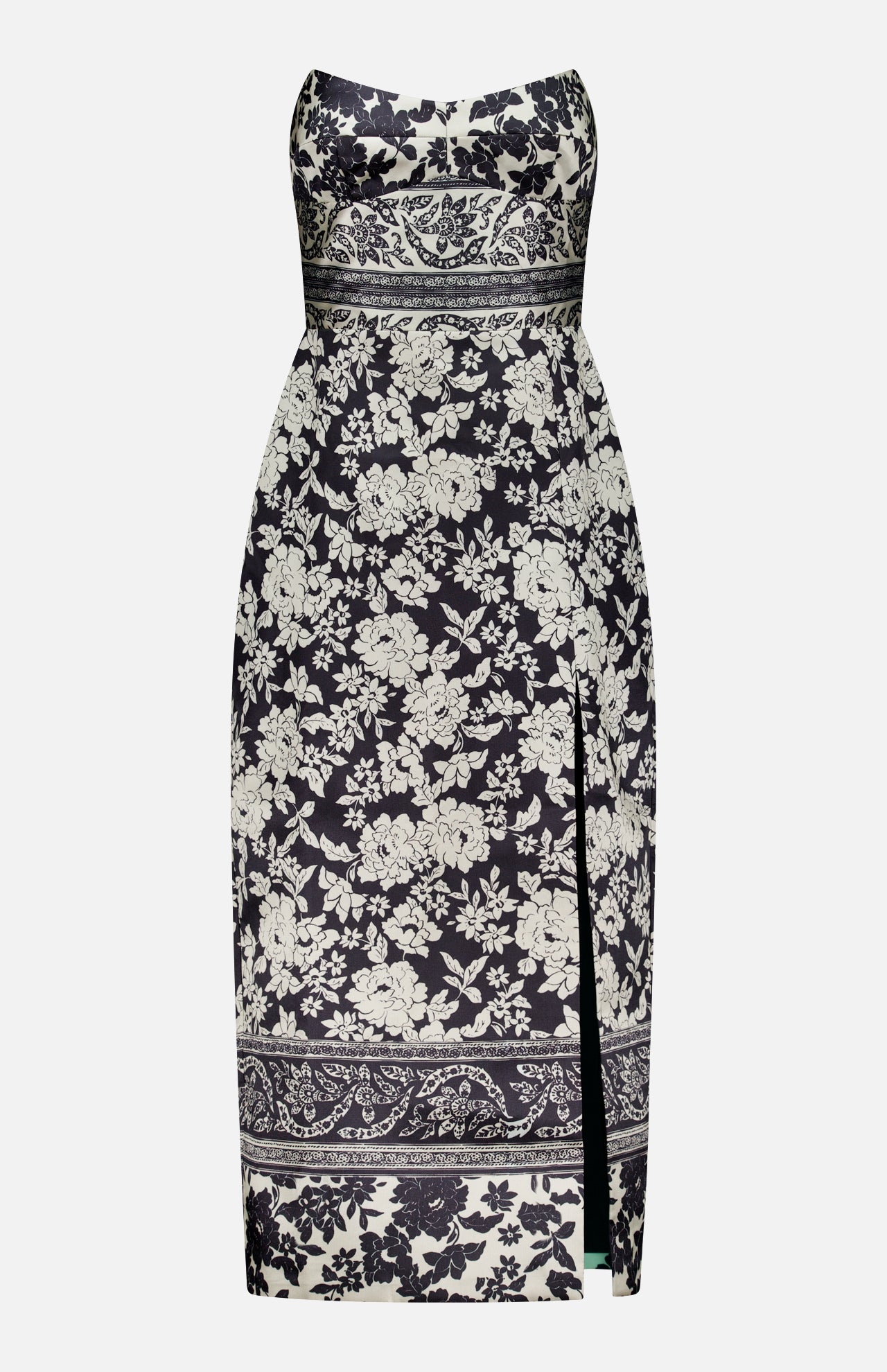 The Ivy Jacquard Print Midi Dress by AMANDA UPRICHARD is a fitted, strapless black and cream dress with a floral jacquard print, straight neckline, side slit, and horizontal decorative borders at the waist and hem.
