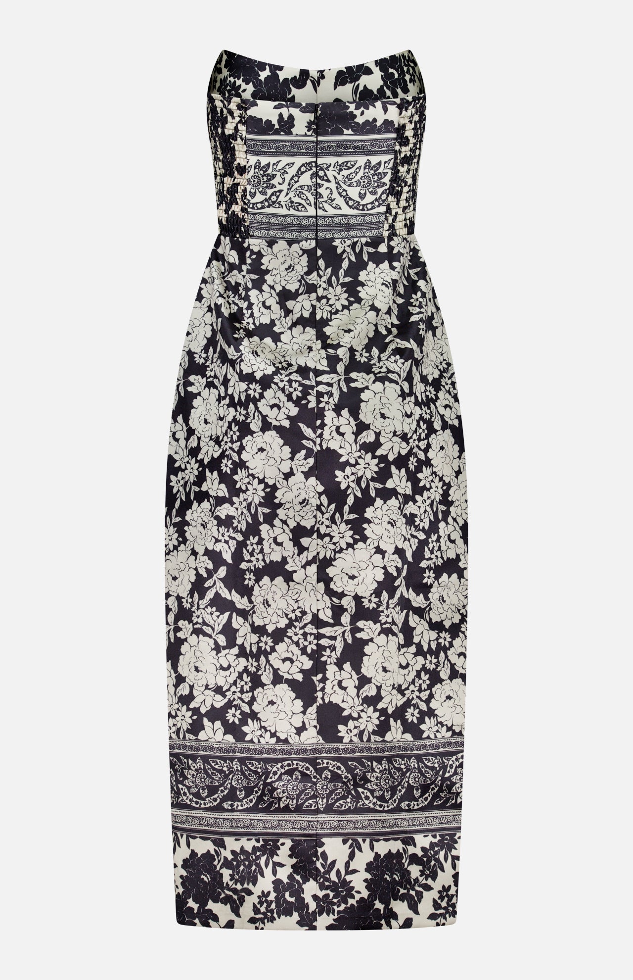 The Ivy Jacquard Print Midi Dress by AMANDA UPRICHARD features a strapless, fitted silhouette in black and cream with an intricate jacquard print, structured bodice, straight hem, and a central front zipper for stylish detail.