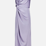 The Jean Ruched Knot Midi Dress by AMANDA UPRICHARD is a light purple silk slip dress featuring delicate spaghetti straps, a ruched knot detail at the waist, and a flattering knee-length hem. With its smooth, lustrous finish and fitted silhouette, this elegant lavender midi dress is perfect for cocktail events.
