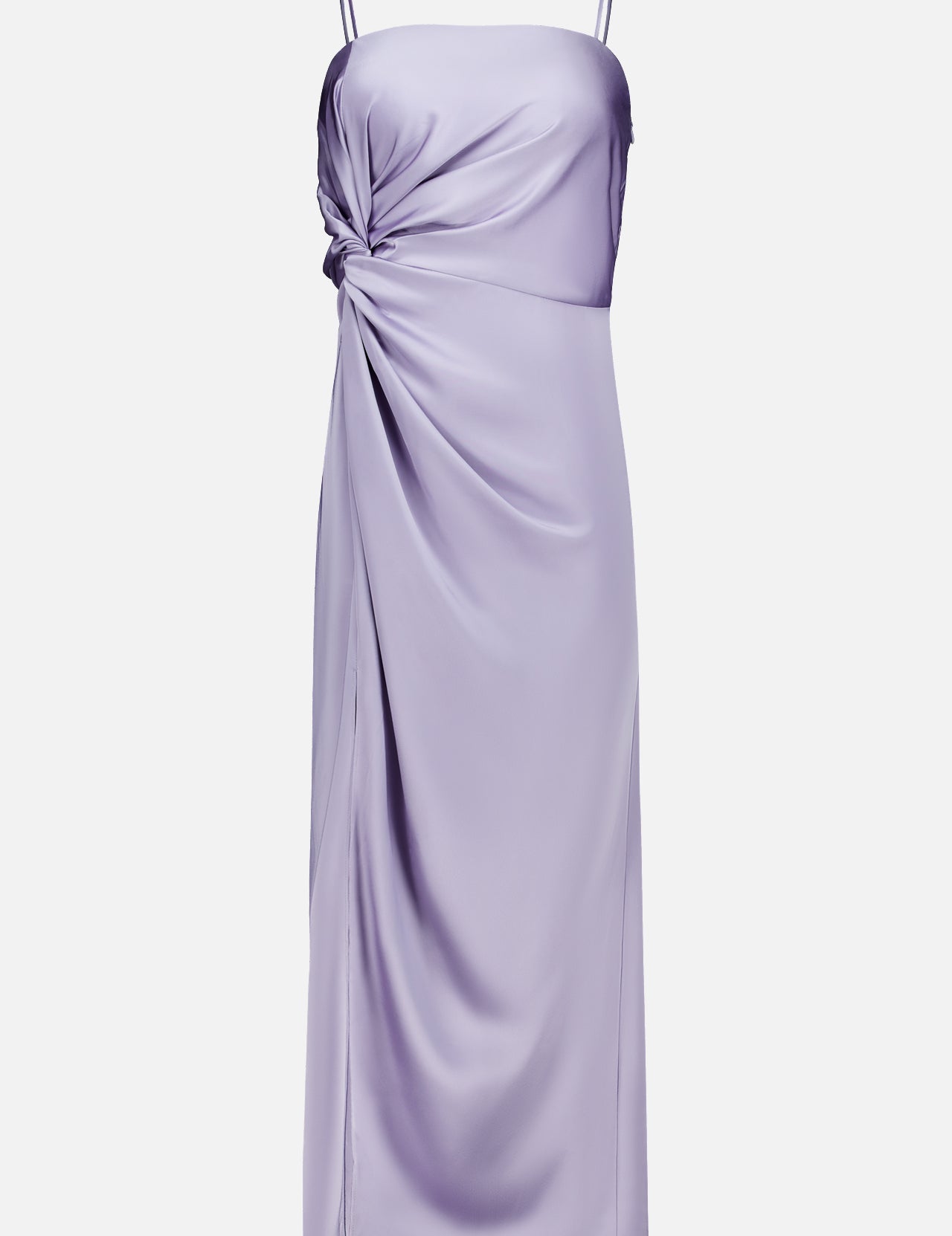 The Jean Ruched Knot Midi Dress by AMANDA UPRICHARD is a light purple silk slip dress featuring delicate spaghetti straps, a ruched knot detail at the waist, and a flattering knee-length hem. With its smooth, lustrous finish and fitted silhouette, this elegant lavender midi dress is perfect for cocktail events.