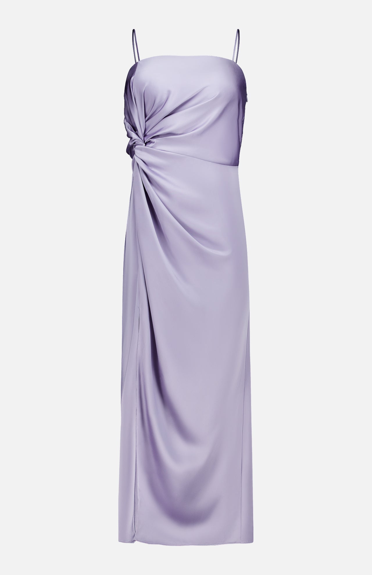The Jean Ruched Knot Midi Dress by AMANDA UPRICHARD is a light purple silk slip dress featuring delicate spaghetti straps, a ruched knot detail at the waist, and a flattering knee-length hem. With its smooth, lustrous finish and fitted silhouette, this elegant lavender midi dress is perfect for cocktail events.