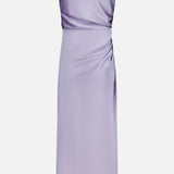 The Jean Ruched Knot Midi Dress by AMANDA UPRICHARD is a sleeveless, light purple satin slip dress featuring thin spaghetti straps, a straight neckline, and subtle gathered draping with a knot detail on one side. With its smooth, elegant finish and knee-length hem, this dress is perfect for cocktail attire or any occasion that calls for an effortlessly chic look.