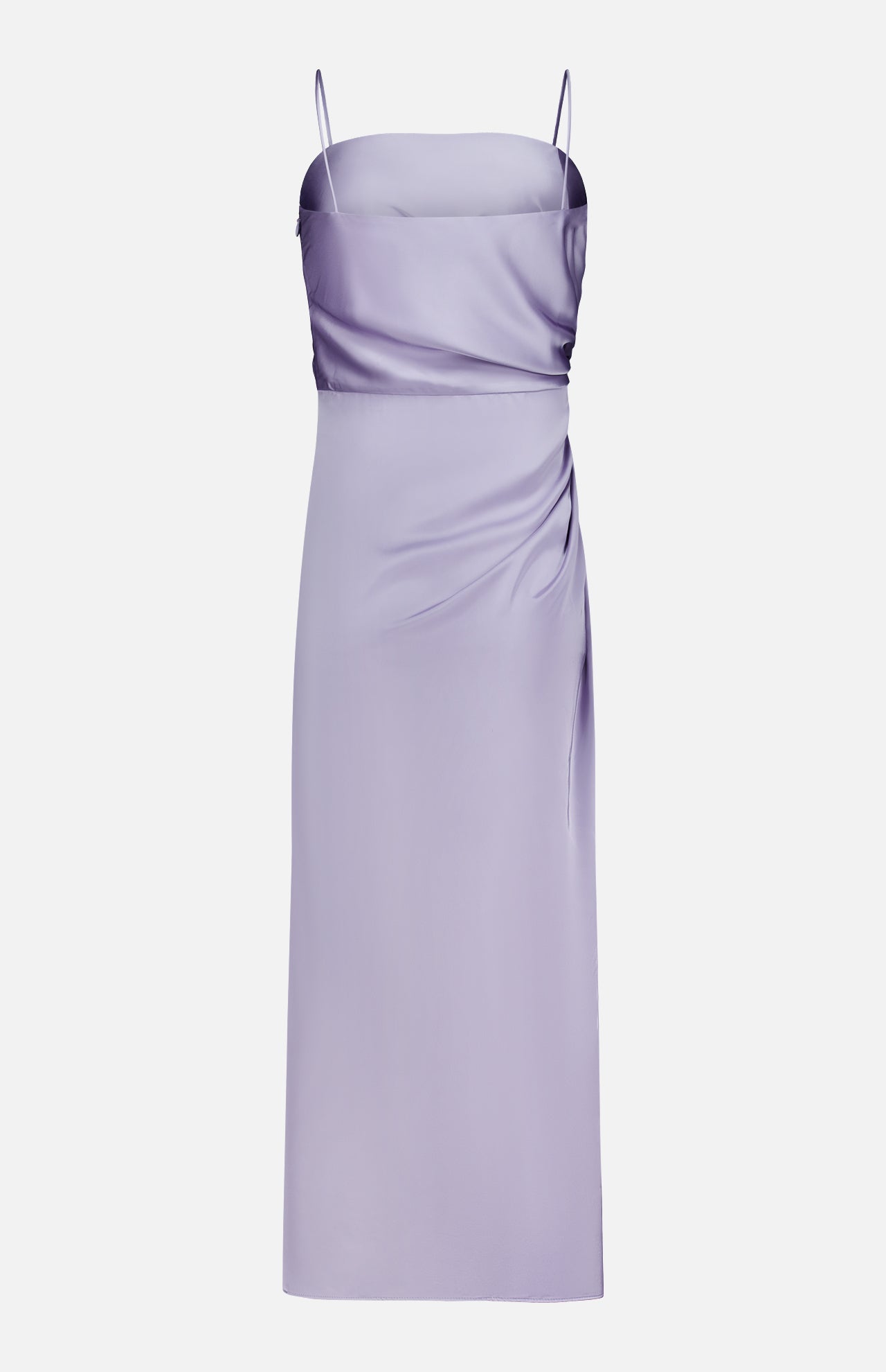 The Jean Ruched Knot Midi Dress by AMANDA UPRICHARD is a sleeveless, light purple satin slip dress featuring thin spaghetti straps, a straight neckline, and subtle gathered draping with a knot detail on one side. With its smooth, elegant finish and knee-length hem, this dress is perfect for cocktail attire or any occasion that calls for an effortlessly chic look.