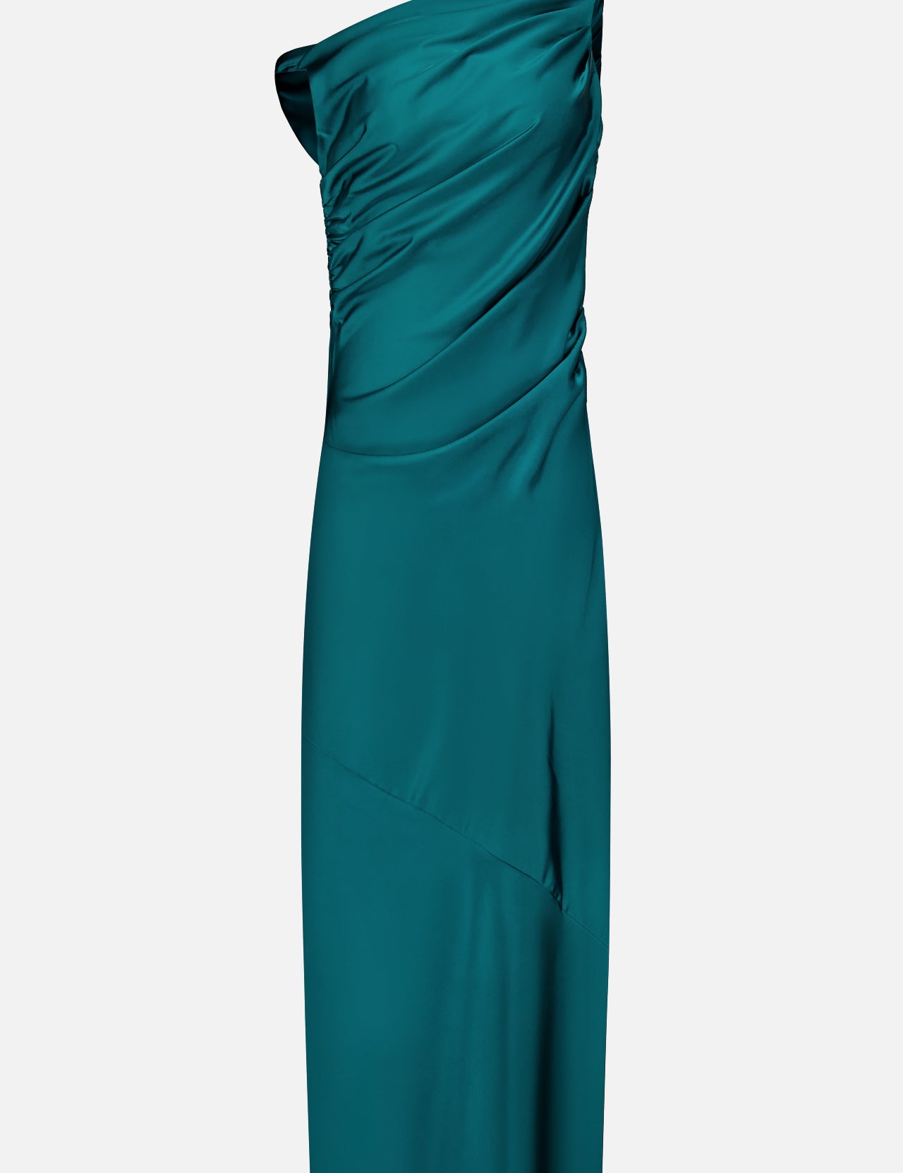 The Jeannine Maxi Dress by AMANDA UPRICHARD features a teal one-shoulder design with ruched detailing and an asymmetrical neckline. Crafted from smooth, slightly shiny satin, this party gown falls to a sleek, elegant knee length.