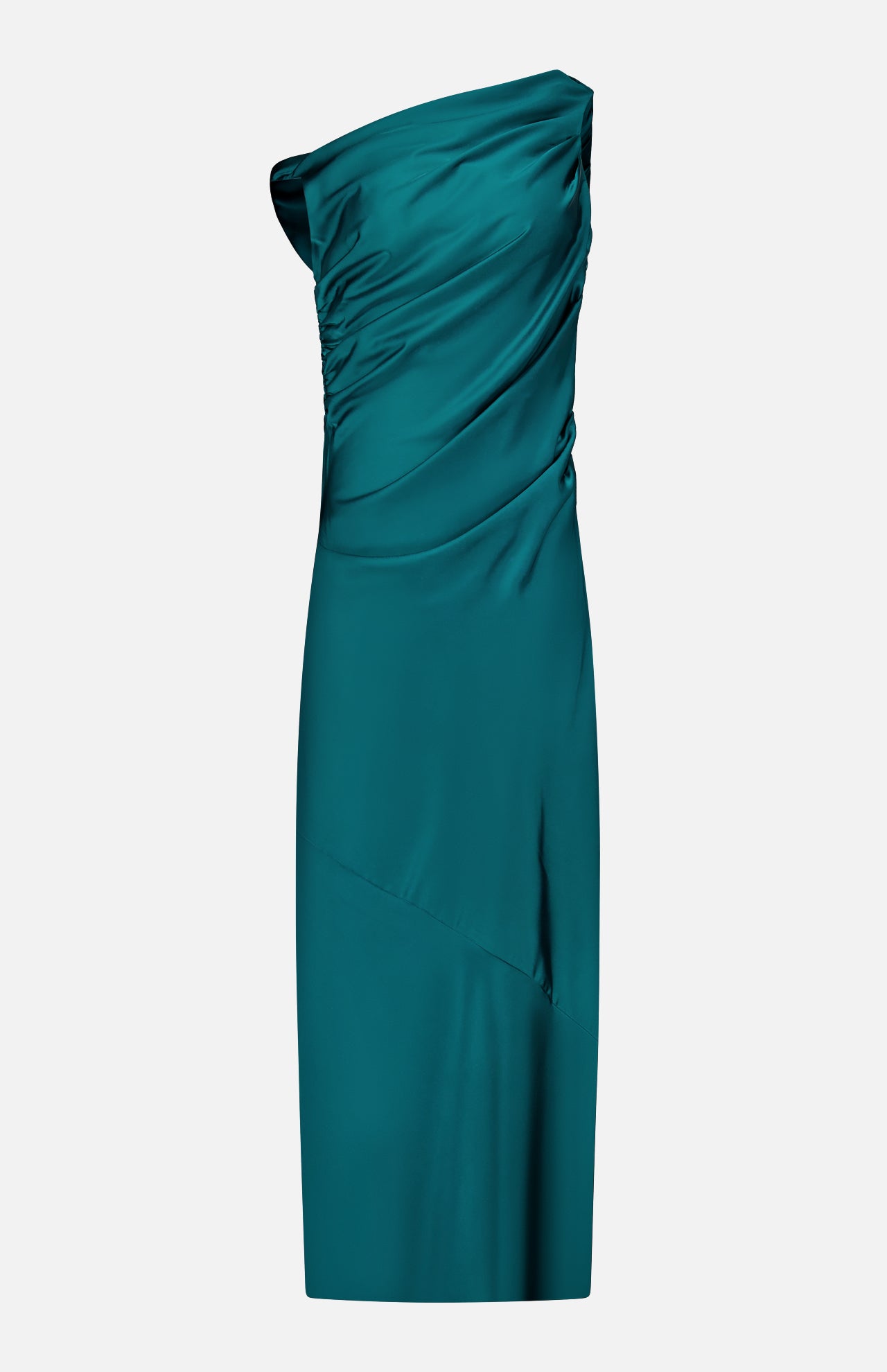 The Jeannine Maxi Dress by AMANDA UPRICHARD features a teal one-shoulder design with ruched detailing and an asymmetrical neckline. Crafted from smooth, slightly shiny satin, this party gown falls to a sleek, elegant knee length.