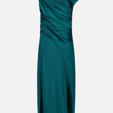 The Jeannine Maxi Dress by AMANDA UPRICHARD is a teal, silky, one-shoulder party gown featuring ruched detailing, an asymmetrical neckline and hem, and a column silhouette, displayed against a plain white background.