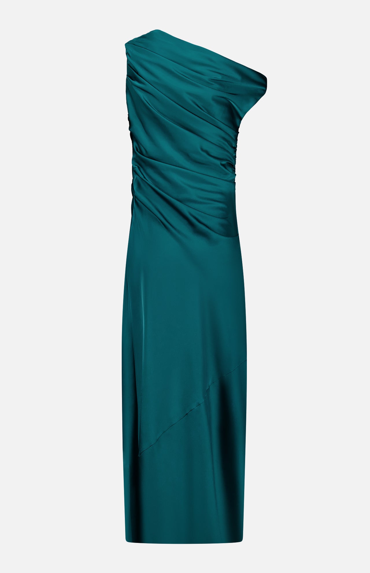 The Jeannine Maxi Dress by AMANDA UPRICHARD is a teal, silky, one-shoulder party gown featuring ruched detailing, an asymmetrical neckline and hem, and a column silhouette, displayed against a plain white background.