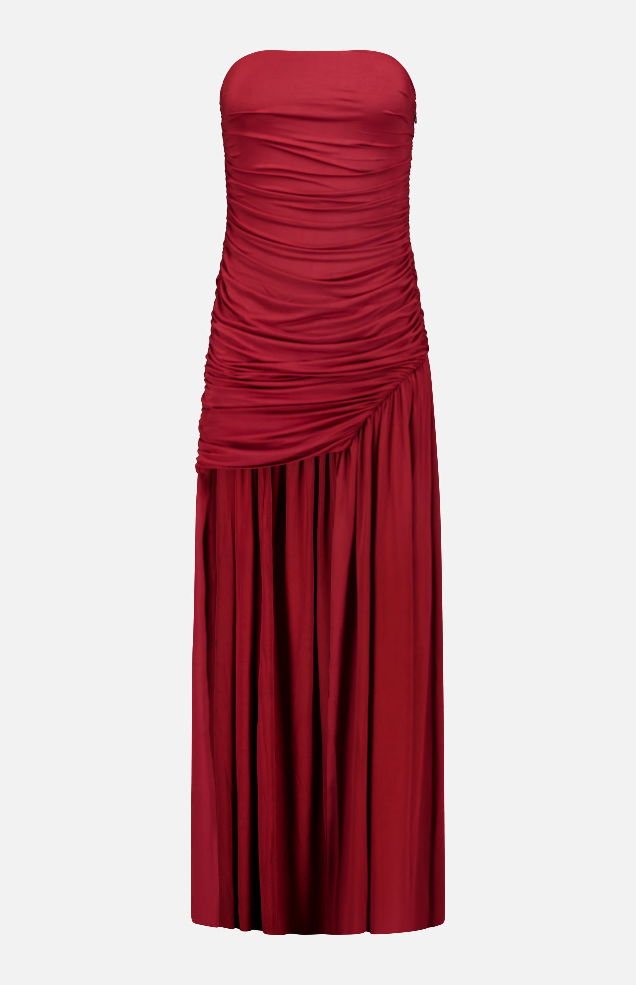 AMANDA UPRICHARD’s Katya Draped Panel Mini Dress features a strapless silhouette with dramatic gathered detailing on the bodice and upper skirt, creating an elevated draped effect reminiscent of a ruched jersey knit design.