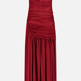 AMANDA UPRICHARD’s Katya Draped Panel Mini Dress is a strapless burgundy mini dress featuring ruched detailing across the bodice and skirt, finished with an asymmetric gathered design.