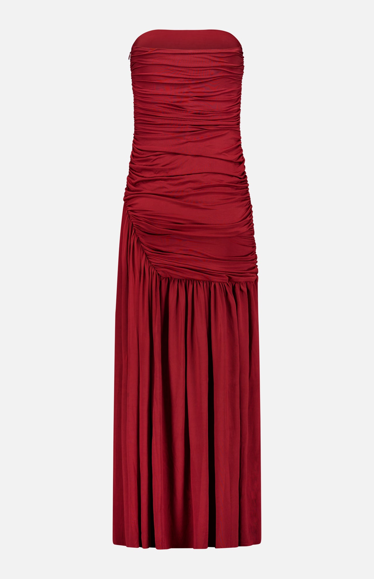 AMANDA UPRICHARD’s Katya Draped Panel Mini Dress is a strapless burgundy mini dress featuring ruched detailing across the bodice and skirt, finished with an asymmetric gathered design.