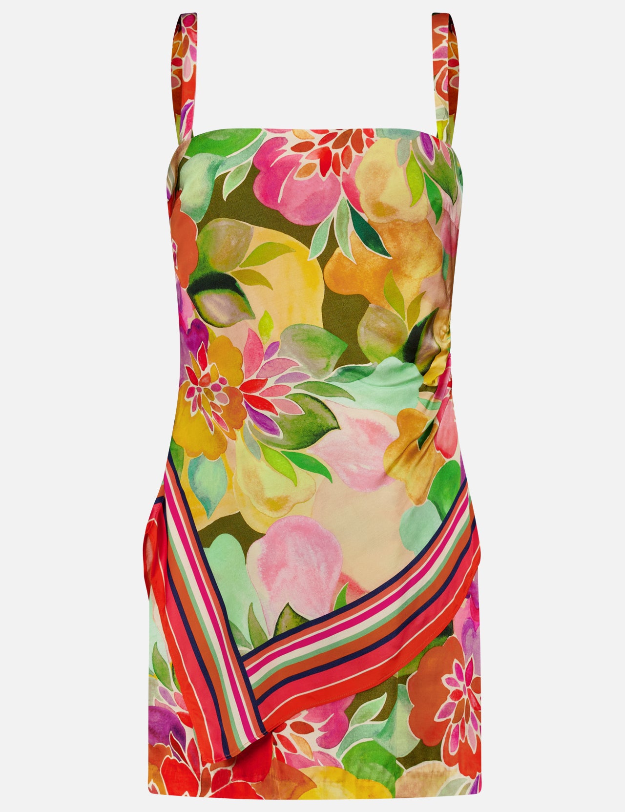 The Keyshia Overlay Mini Dress by AMANDA UPRICHARD is a vibrant sleeveless summer dress with wide shoulder straps, a bold floral print in pink, yellow, orange, and green, and diagonal red, pink, and yellow stripes near the hem—ideal for vacation.