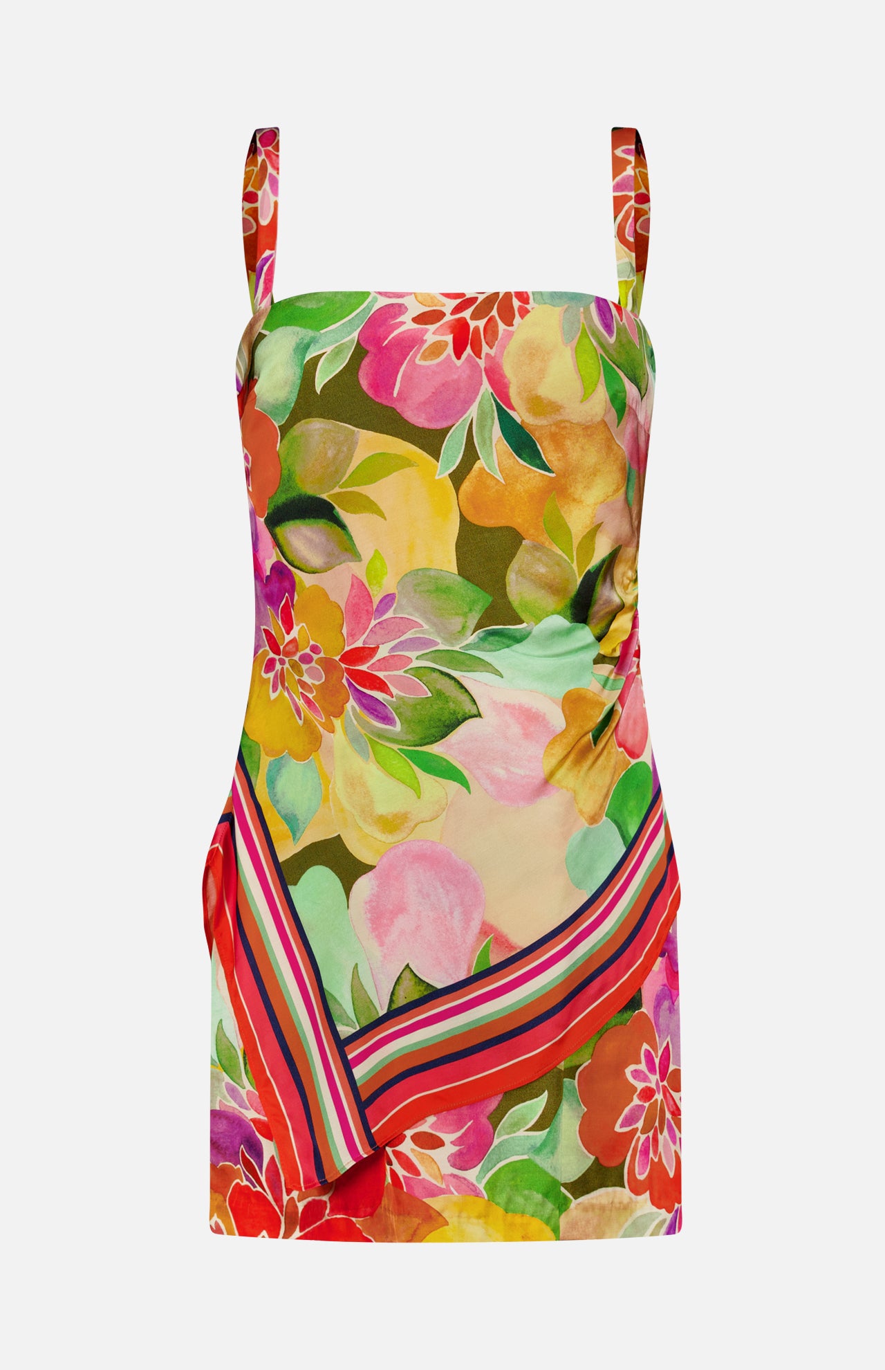 The Keyshia Overlay Mini Dress by AMANDA UPRICHARD is a vibrant sleeveless summer dress with wide shoulder straps, a bold floral print in pink, yellow, orange, and green, and diagonal red, pink, and yellow stripes near the hem—ideal for vacation.