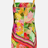 The Keyshia Overlay Mini Dress by AMANDA UPRICHARD is a vibrant, vacation-ready mini dress featuring thin straps, a fitted bodice, bold floral prints in pink, red, yellow, and green, plus a diagonal striped accent near the hem—perfect for summer.