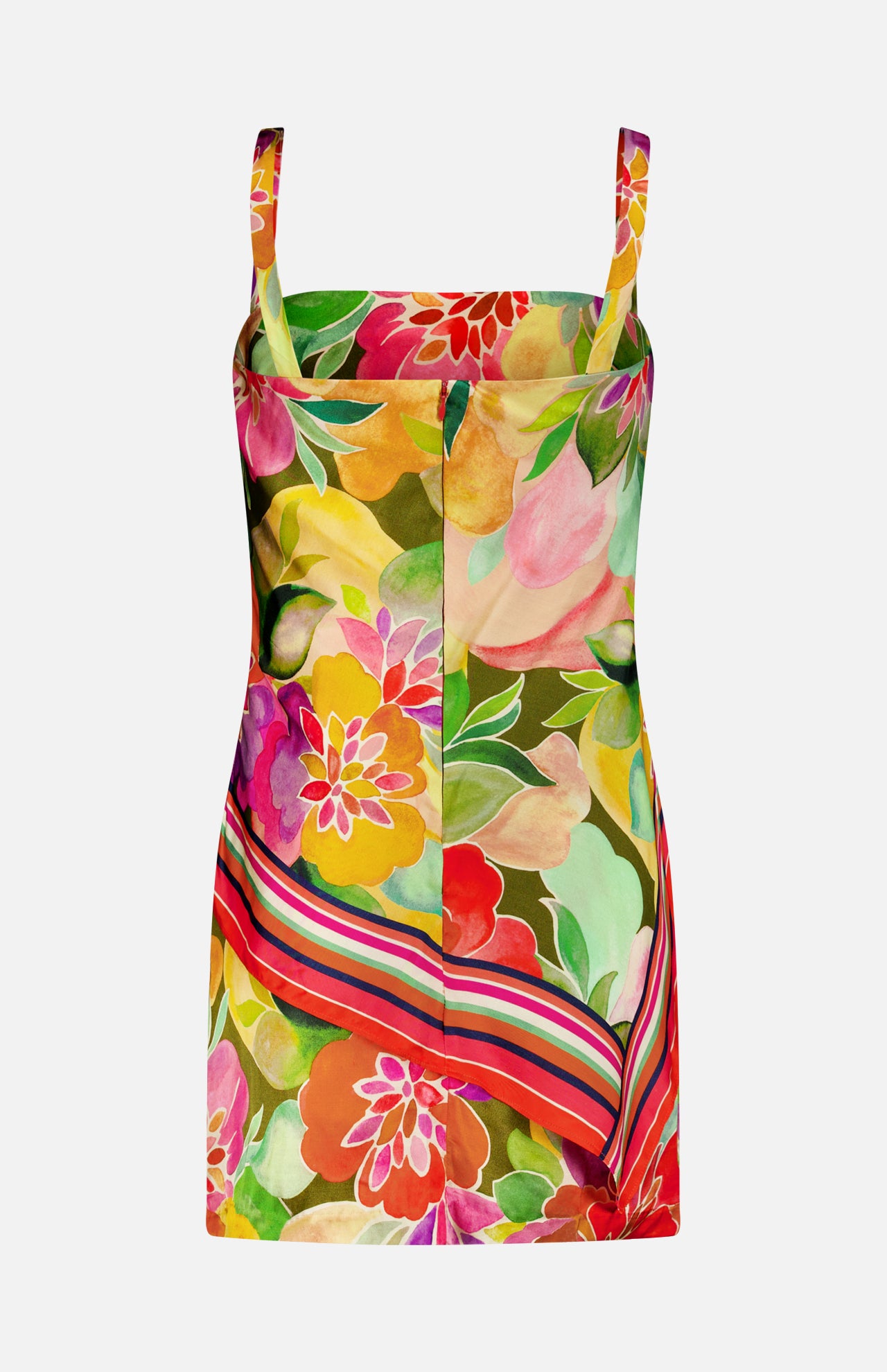 The Keyshia Overlay Mini Dress by AMANDA UPRICHARD is a vibrant, vacation-ready mini dress featuring thin straps, a fitted bodice, bold floral prints in pink, red, yellow, and green, plus a diagonal striped accent near the hem—perfect for summer.