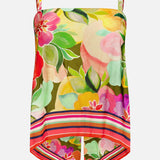 The Keyshia Back Vent Top by AMANDA UPRICHARD is a vibrant sleeveless floral piece with thin straps, a pointed hem, and a striped border—perfect for vacation style. Pink, red, yellow, and green blooms enliven the design.