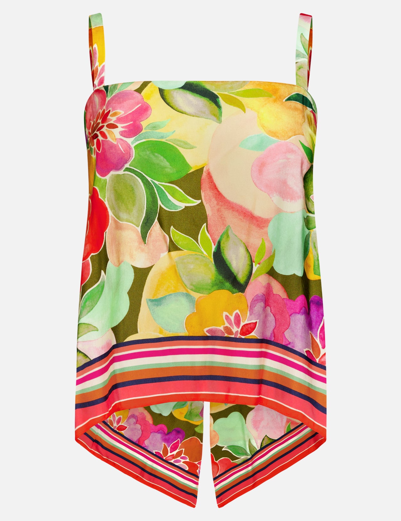 The Keyshia Back Vent Top by AMANDA UPRICHARD is a vibrant sleeveless floral piece with thin straps, a pointed hem, and a striped border—perfect for vacation style. Pink, red, yellow, and green blooms enliven the design.