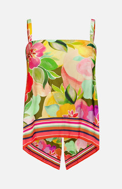 The Keyshia Back Vent Top by AMANDA UPRICHARD is a vibrant sleeveless floral piece with thin straps, a pointed hem, and a striped border—perfect for vacation style. Pink, red, yellow, and green blooms enliven the design.