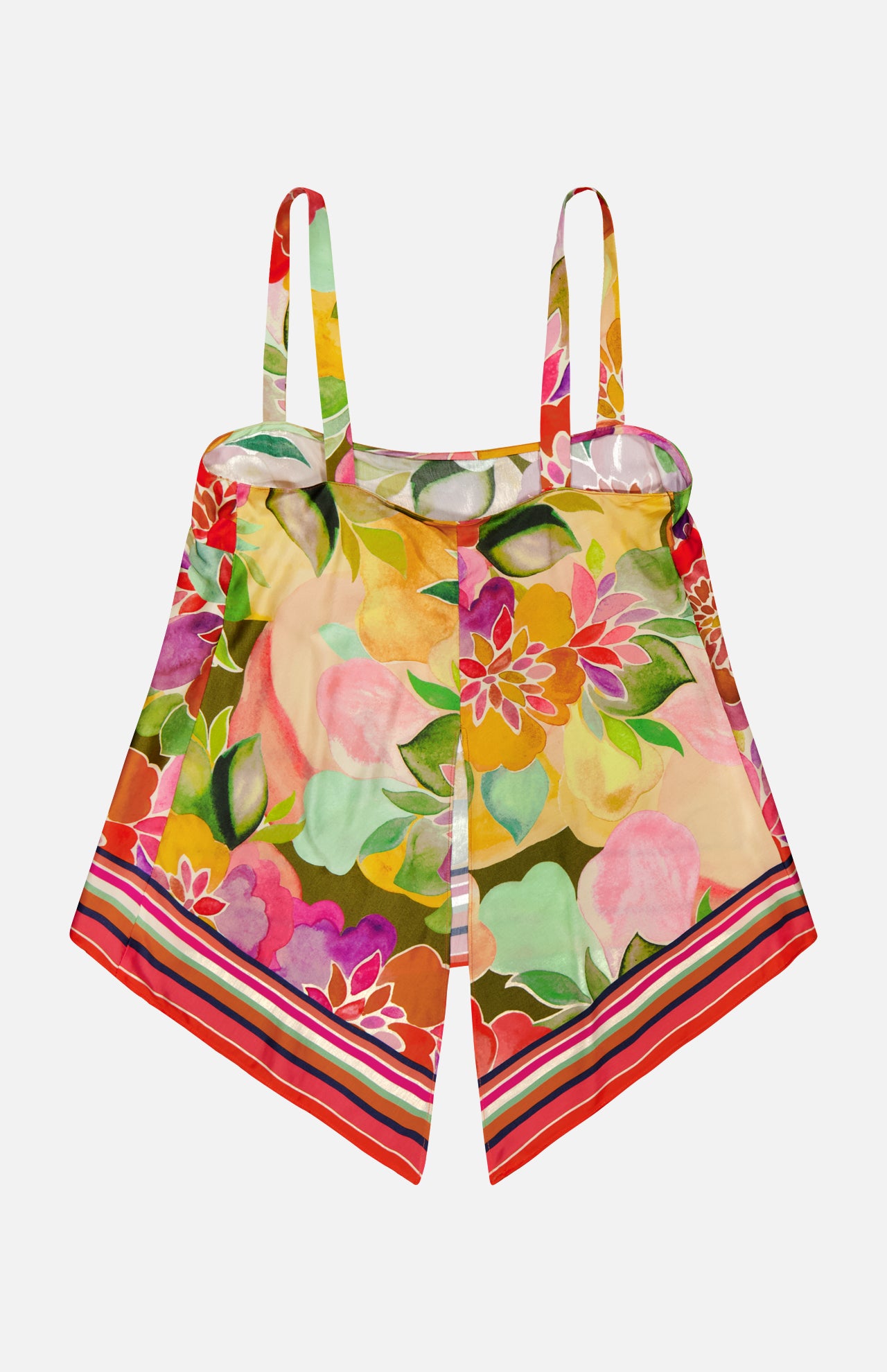 The AMANDA UPRICHARD Keyshia Back Vent Top is a vibrant, vacation-ready style with thin straps, a colorful floral pattern, and pointed asymmetrical hem—finished with striped edges for a chic tropical vibe.