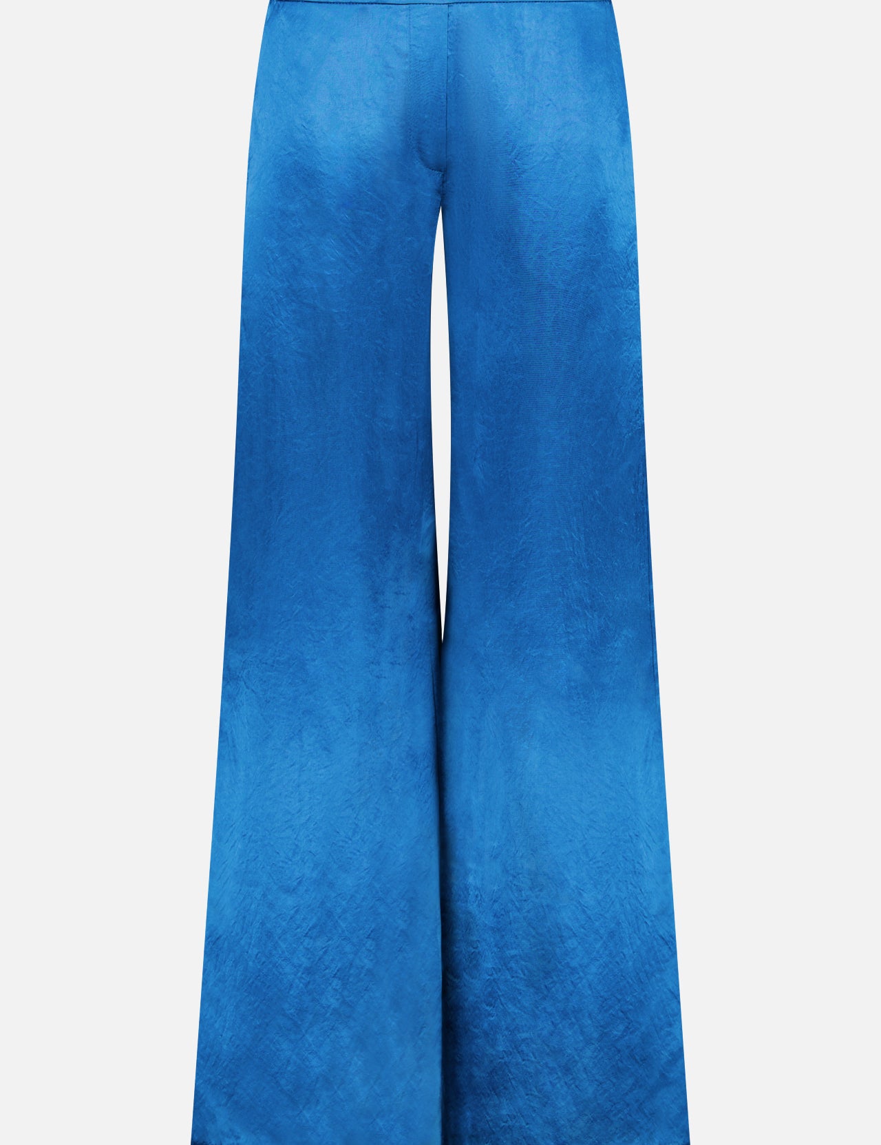 The Kordell Satin Pants by AMANDA UPRICHARD feature a high waist and wide-leg, flared silhouette in bright teal satin, adding a luxe touch to resort wear with their smooth, shiny finish against a white background.
