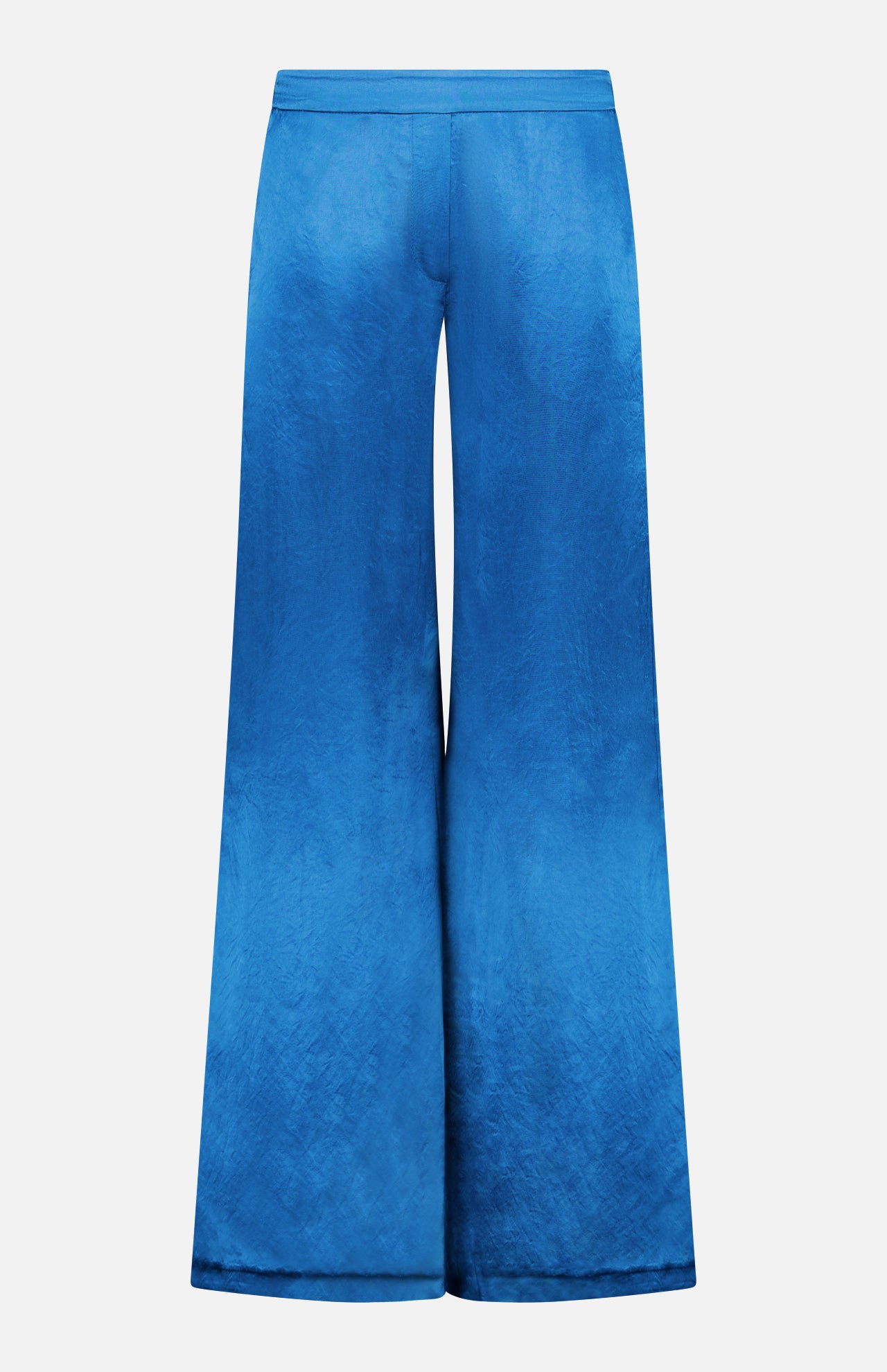 The Kordell Satin Pants by AMANDA UPRICHARD feature a high waist and wide-leg, flared silhouette in bright teal satin, adding a luxe touch to resort wear with their smooth, shiny finish against a white background.