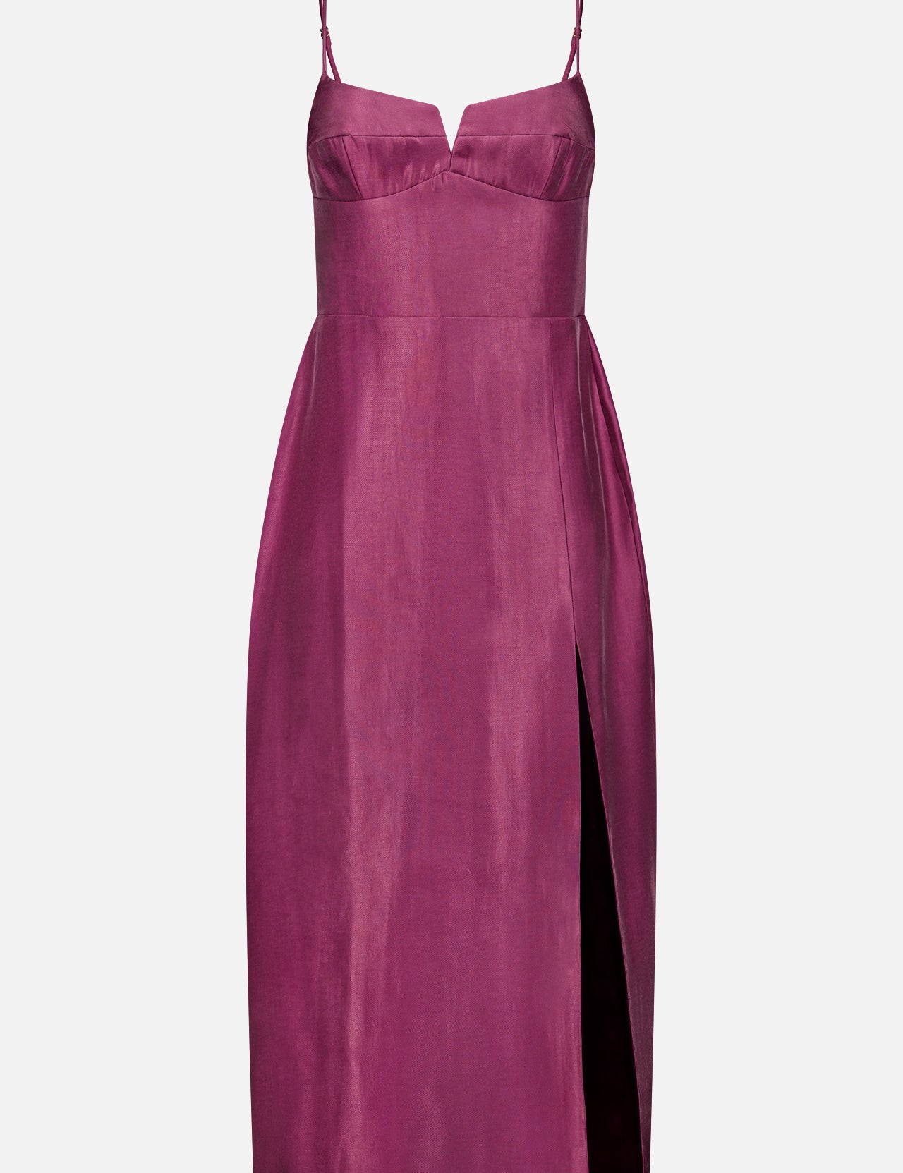 The Lyra Midi Dress by AMANDA UPRICHARD is a sleeveless, knee-length magenta cocktail dress featuring thin straps, a fitted bodice, a structured V-wire notch neckline, and a high side slit on the right side.