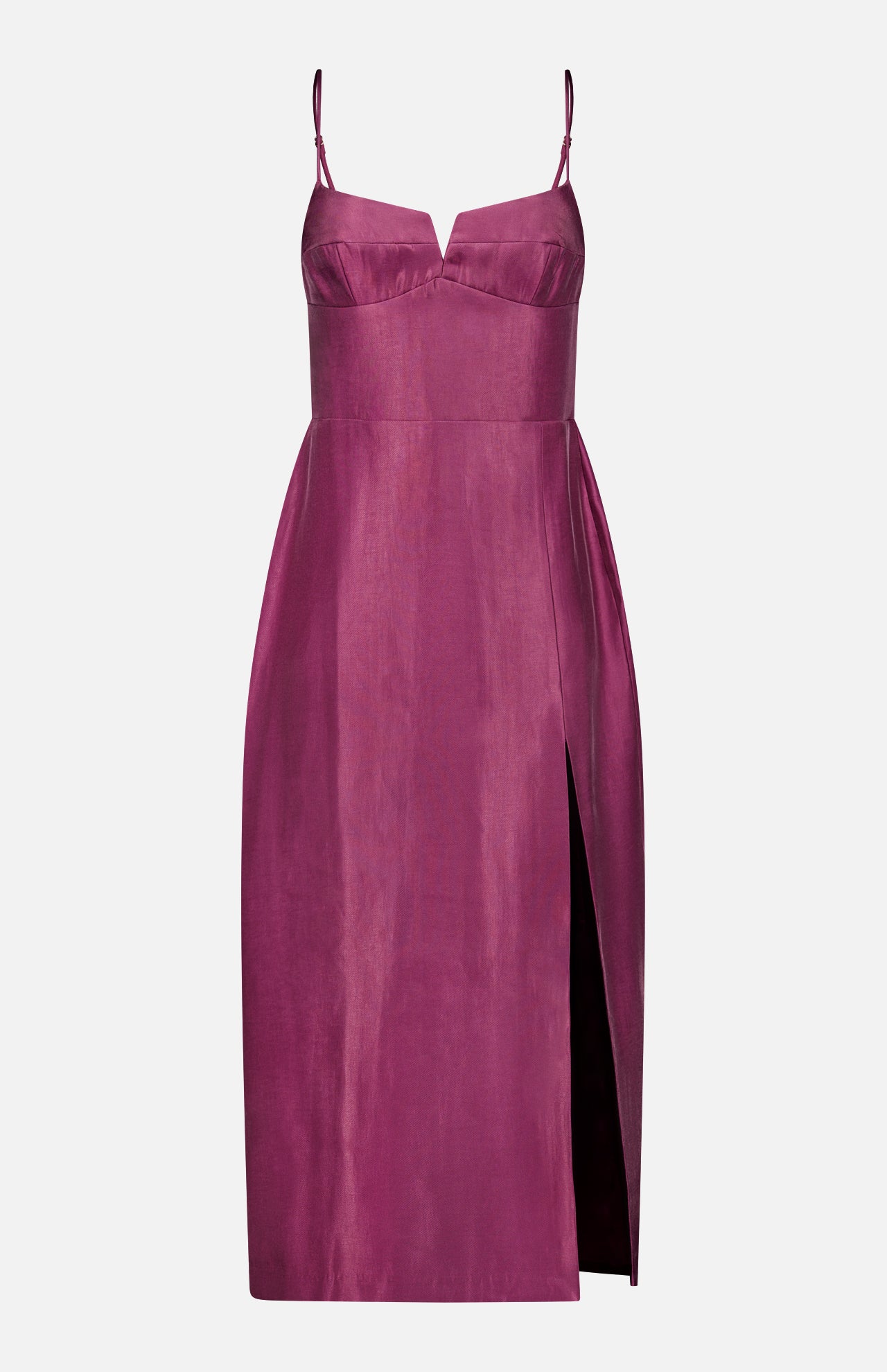The Lyra Midi Dress by AMANDA UPRICHARD is a sleeveless, knee-length magenta cocktail dress featuring thin straps, a fitted bodice, a structured V-wire notch neckline, and a high side slit on the right side.