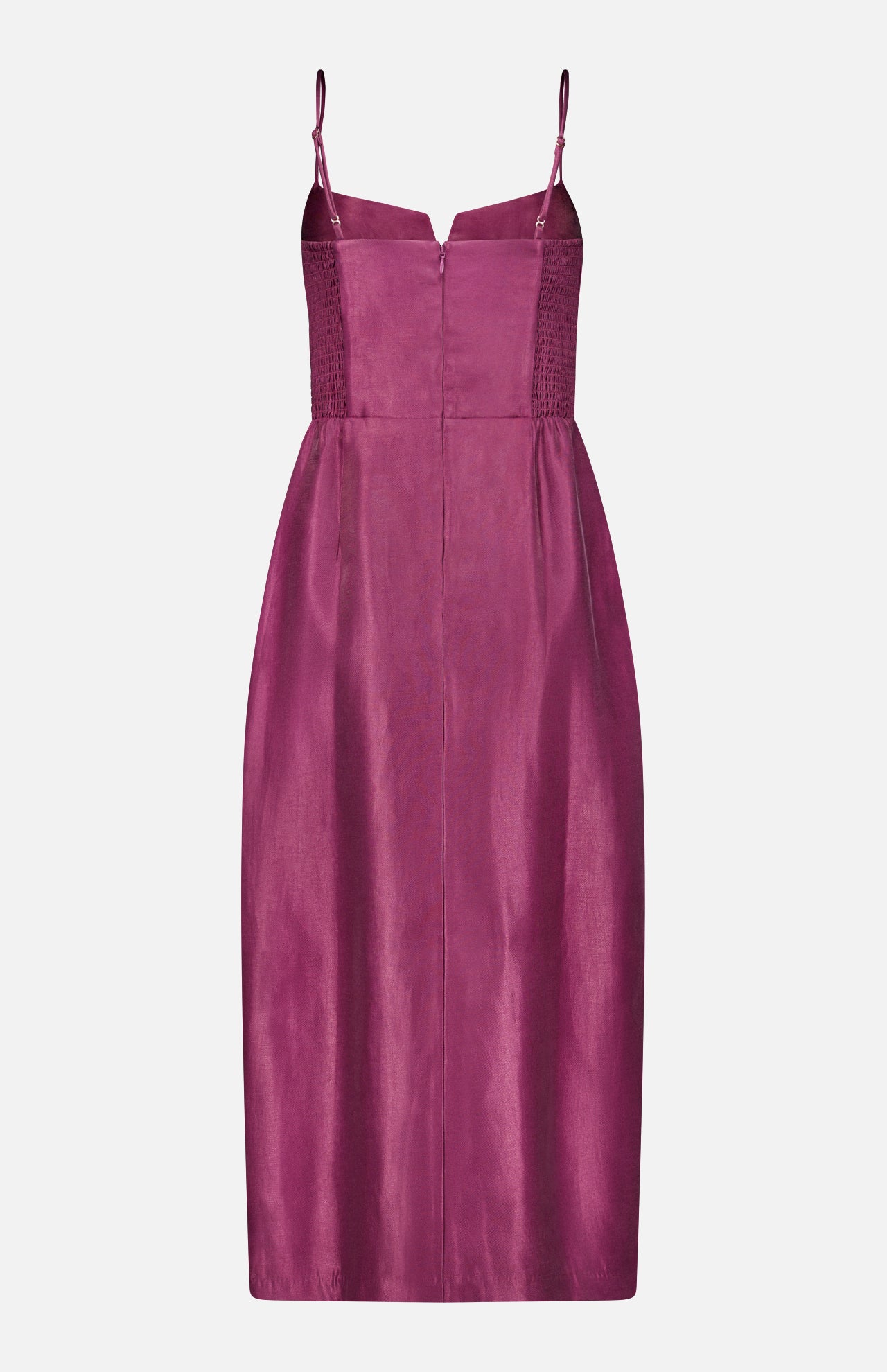 The Lyra Midi Dress by AMANDA UPRICHARD features a sleeveless, knee-length magenta design with thin straps, a fitted bodice, and a slightly flared skirt, shown against a plain white background.