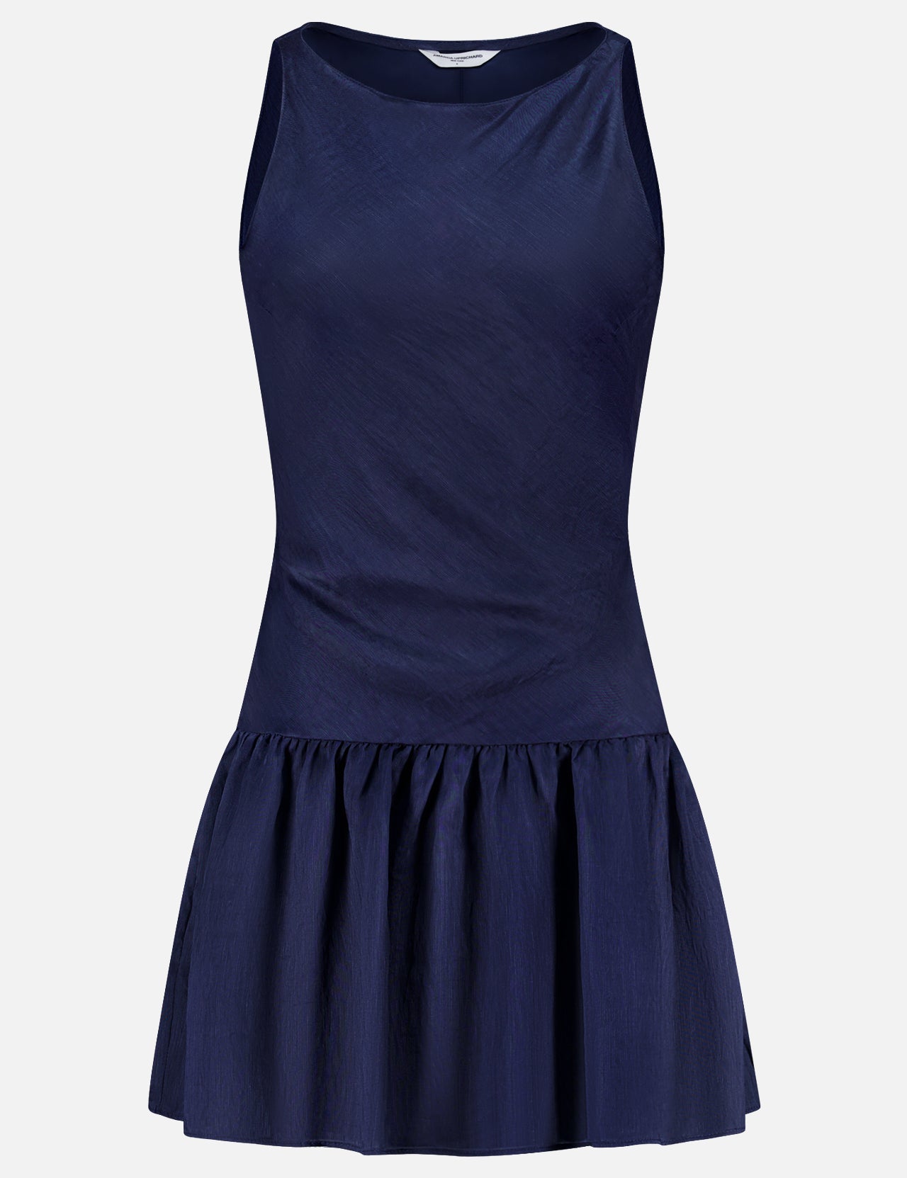 The AMANDA UPRICHARD Margo Drop Waist Skirt Dress is a sleeveless navy linen organza mini dress with a fitted bodice and dropped waist, featuring a gathered flared skirt. Shown against a plain white background.