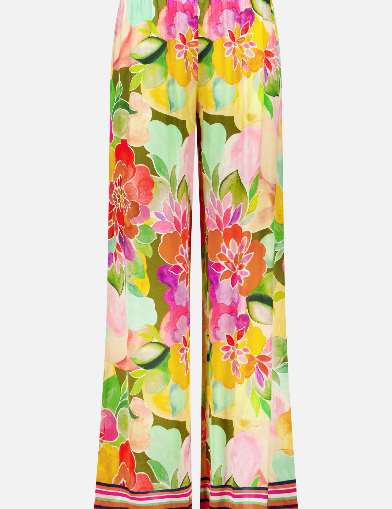 The Mariko Wide Leg Floral Pants by AMANDA UPRICHARD feature a vibrant multicolored floral print and relaxed fit, finished with red, white, and black striped trim at the hem.
