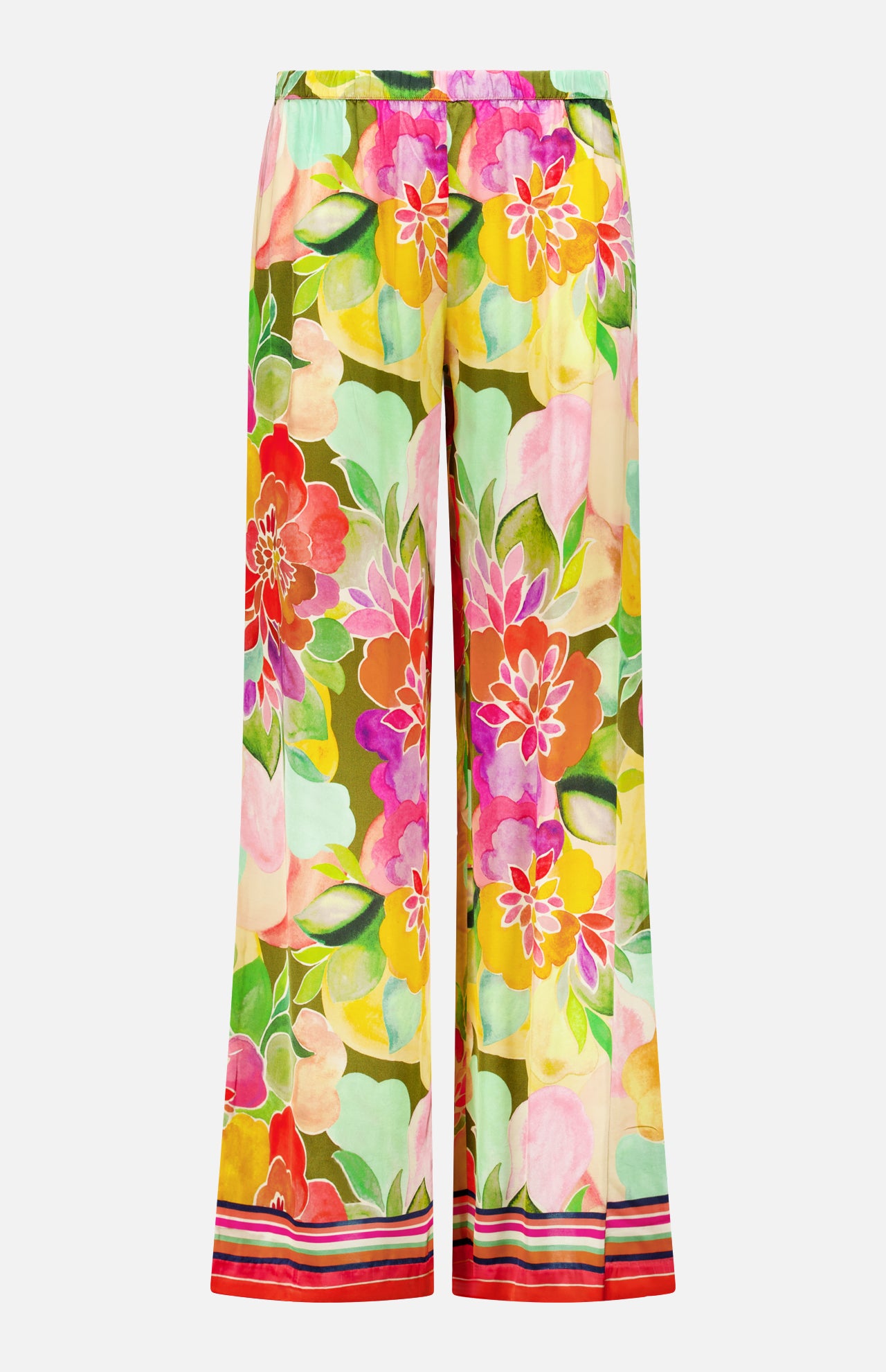 The Mariko Wide Leg Floral Pants by AMANDA UPRICHARD feature a vibrant multicolored floral print and relaxed fit, finished with red, white, and black striped trim at the hem.