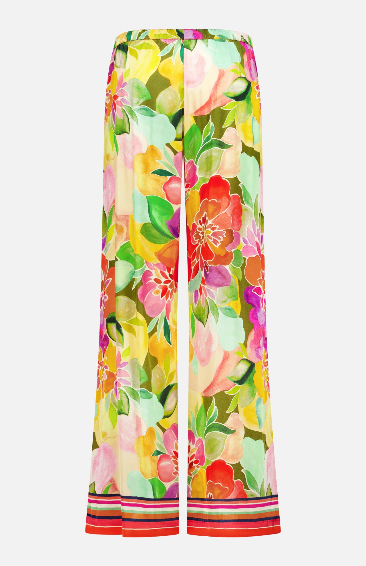 The Mariko Wide Leg Floral Pants by AMANDA UPRICHARD feature a relaxed wide-leg silhouette with a vibrant green, yellow, red, pink, and orange floral print and bold red, pink, and black horizontal stripes at the hem.