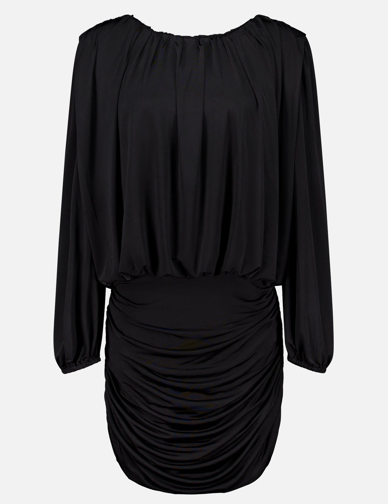 The Martha Ruched Mini Dress by AMANDA UPRICHARD is a black, long-sleeved mini dress crafted from soft jersey knit fabric. It features a gathered neckline and a fitted, ruched skirt for a sophisticated yet alluring silhouette. Displayed on a plain white background, this sexy LBD is the perfect choice for your next night out.