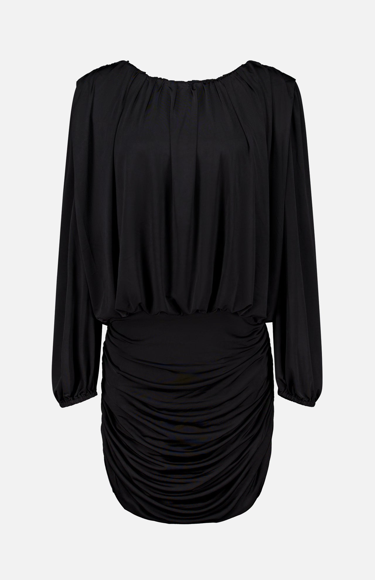The Martha Ruched Mini Dress by AMANDA UPRICHARD is a black, long-sleeved mini dress crafted from soft jersey knit fabric. It features a gathered neckline and a fitted, ruched skirt for a sophisticated yet alluring silhouette. Displayed on a plain white background, this sexy LBD is the perfect choice for your next night out.