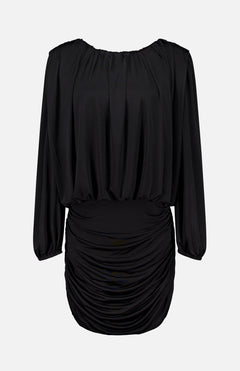 The Martha Ruched Mini Dress by AMANDA UPRICHARD is a black, long-sleeved mini dress crafted from soft jersey knit fabric. It features a gathered neckline and a fitted, ruched skirt for a sophisticated yet alluring silhouette. Displayed on a plain white background, this sexy LBD is the perfect choice for your next night out.